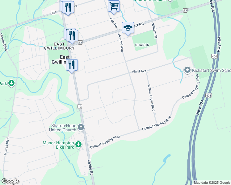 map of restaurants, bars, coffee shops, grocery stores, and more near 19 Jessie Crescent in East Gwillimbury