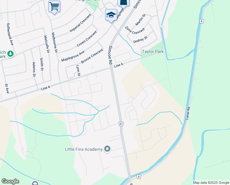 map of restaurants, bars, coffee shops, grocery stores, and more near 594 Simcoe Road in Bradford West Gwillimbury