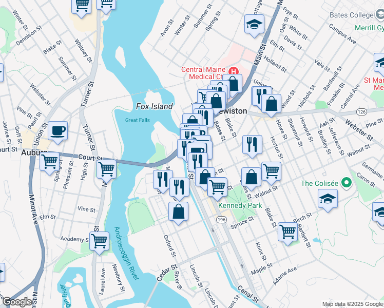 map of restaurants, bars, coffee shops, grocery stores, and more near in Lewiston