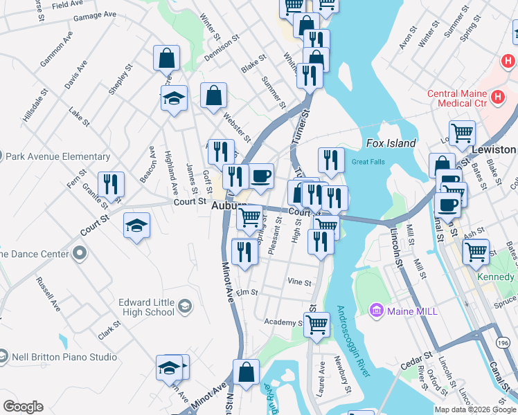 map of restaurants, bars, coffee shops, grocery stores, and more near 178 Court Street in Auburn