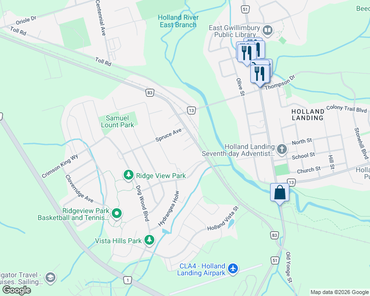map of restaurants, bars, coffee shops, grocery stores, and more near 19276 Holland Landing Road in East Gwillimbury