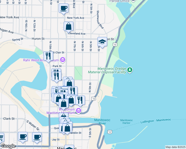 map of restaurants, bars, coffee shops, grocery stores, and more near 530 North 4th Street in Manitowoc