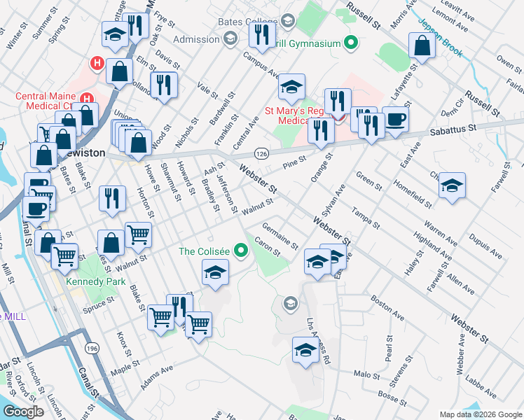 map of restaurants, bars, coffee shops, grocery stores, and more near 10 Beacon Street in Lewiston