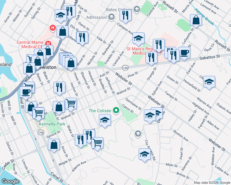 map of restaurants, bars, coffee shops, grocery stores, and more near 10 Beacon Street in Lewiston