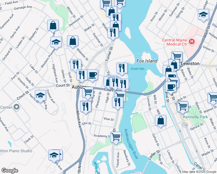 map of restaurants, bars, coffee shops, grocery stores, and more near 2 Turner Street in Auburn