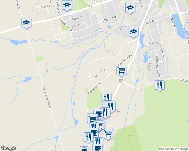 map of restaurants, bars, coffee shops, grocery stores, and more near 55 Campbell Drive in Uxbridge