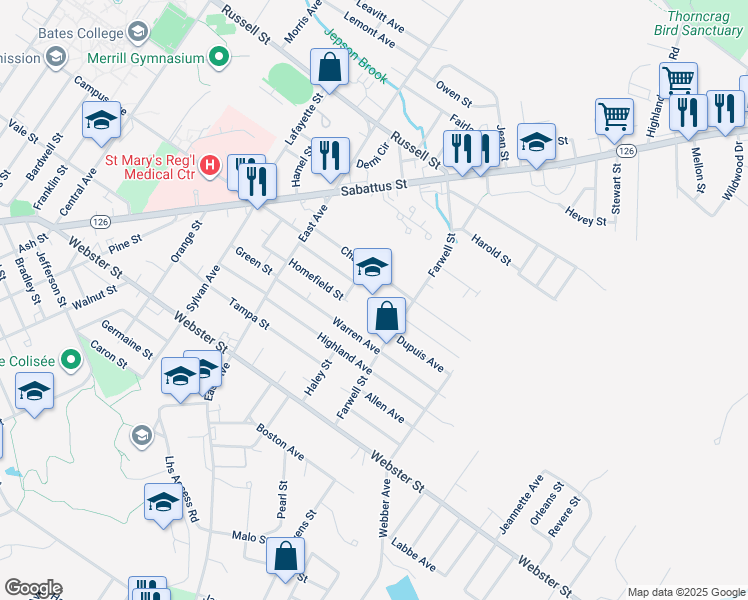 map of restaurants, bars, coffee shops, grocery stores, and more near 84 Farwell Street in Lewiston