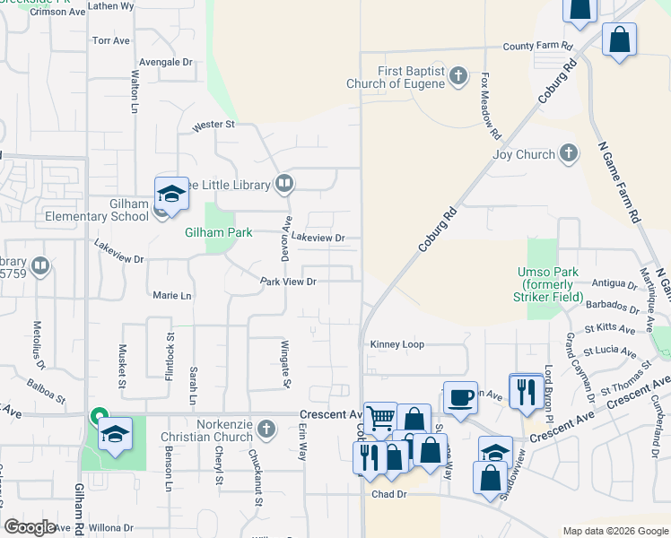 map of restaurants, bars, coffee shops, grocery stores, and more near 2518 Belle Terra Drive in Eugene