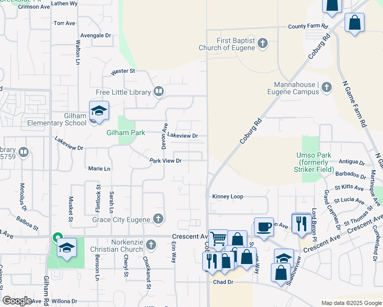 map of restaurants, bars, coffee shops, grocery stores, and more near 2518 Belle Terra Drive in Eugene