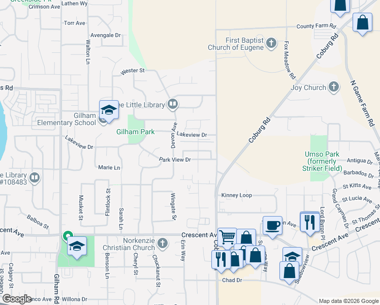 map of restaurants, bars, coffee shops, grocery stores, and more near 2430 Belle Terra Drive in Eugene