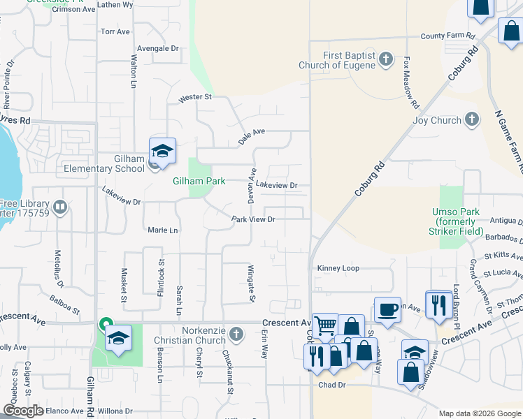 map of restaurants, bars, coffee shops, grocery stores, and more near 2430 Belle Terra Drive in Eugene