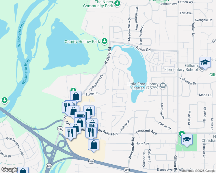 map of restaurants, bars, coffee shops, grocery stores, and more near 3079 Stapp Drive in Eugene