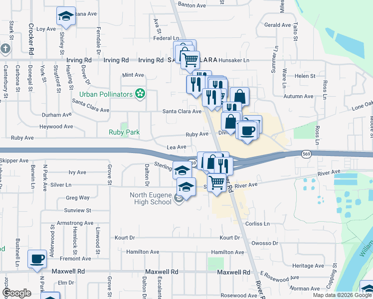 map of restaurants, bars, coffee shops, grocery stores, and more near 136 Ruby Avenue in Eugene