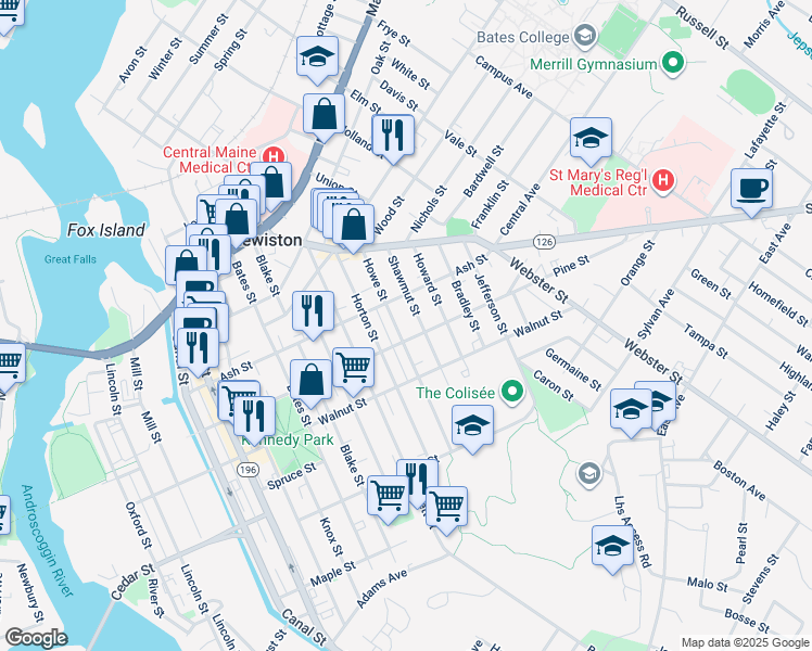 map of restaurants, bars, coffee shops, grocery stores, and more near 48 Shawmut Street in Lewiston