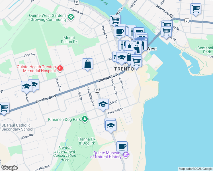 map of restaurants, bars, coffee shops, grocery stores, and more near 185 Ontario County Highway 2 in Quinte West