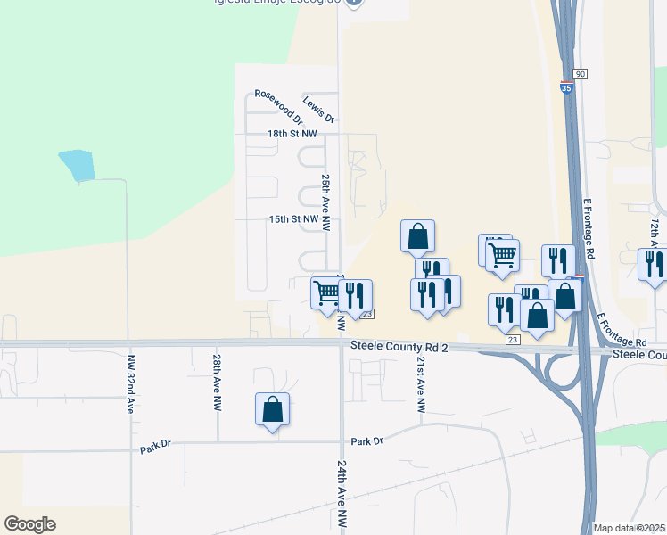 map of restaurants, bars, coffee shops, grocery stores, and more near 2 Clark Drive in Owatonna