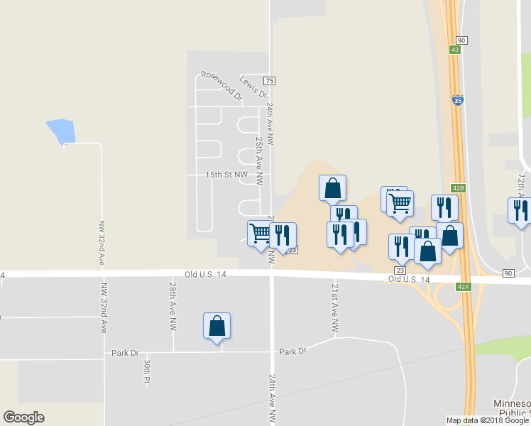 map of restaurants, bars, coffee shops, grocery stores, and more near 2 Clark Drive in Owatonna