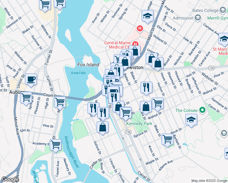 map of restaurants, bars, coffee shops, grocery stores, and more near 46 Lisbon Street in Lewiston