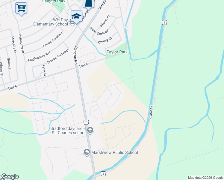 map of restaurants, bars, coffee shops, grocery stores, and more near 13 Ferragine Crescent in Bradford West Gwillimbury