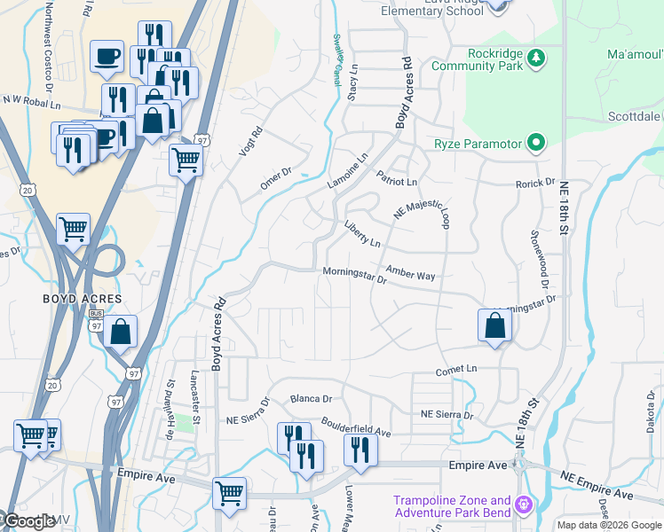 map of restaurants, bars, coffee shops, grocery stores, and more near 63294 Northeast Carly Lane in Bend