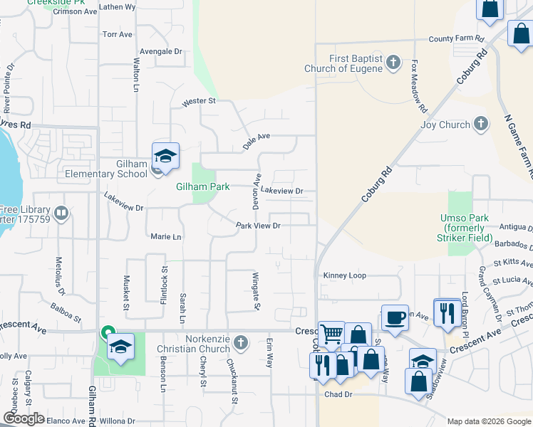 map of restaurants, bars, coffee shops, grocery stores, and more near 2430 Belle Terra Drive in Eugene