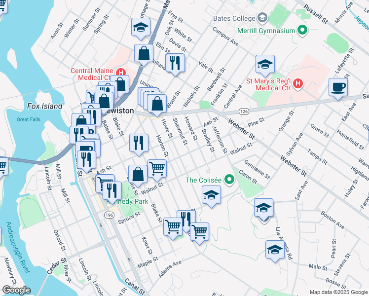 map of restaurants, bars, coffee shops, grocery stores, and more near 48 Shawmut Street in Lewiston