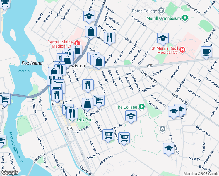 map of restaurants, bars, coffee shops, grocery stores, and more near 143 Ash Street in Lewiston