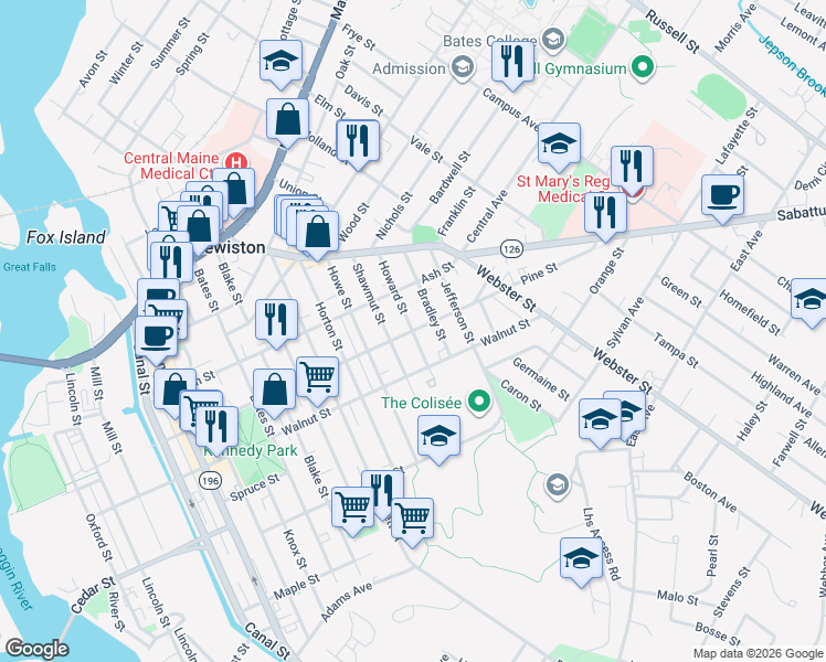 map of restaurants, bars, coffee shops, grocery stores, and more near Howard Street in Lewiston