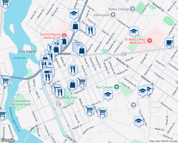 map of restaurants, bars, coffee shops, grocery stores, and more near 143 Ash Street in Lewiston
