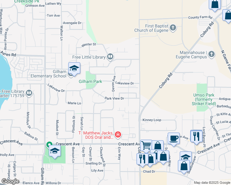 map of restaurants, bars, coffee shops, grocery stores, and more near 2430 Belle Terra Drive in Eugene