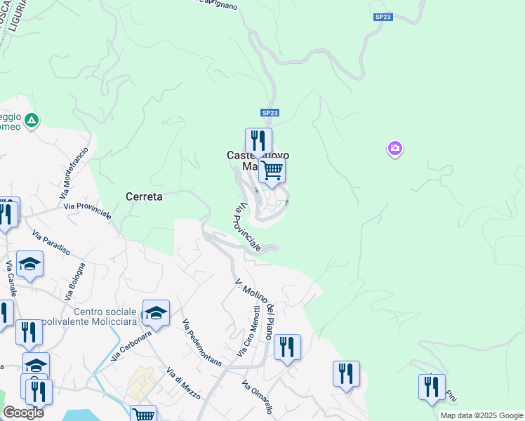 map of restaurants, bars, coffee shops, grocery stores, and more near Strada Provinciale 23 in Castelnuovo Magra