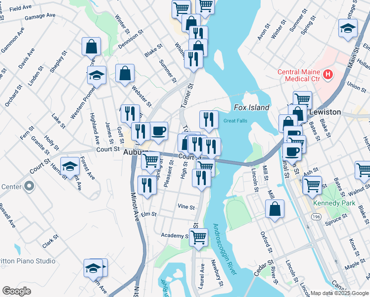 map of restaurants, bars, coffee shops, grocery stores, and more near 2 Turner Street in Auburn