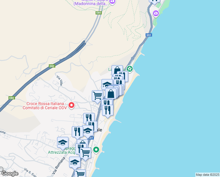 map of restaurants, bars, coffee shops, grocery stores, and more near 18 Strada Statale 1 Variante Aurelia di La Spezia in Ceriale