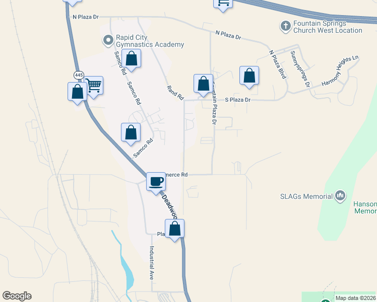 map of restaurants, bars, coffee shops, grocery stores, and more near 1424 Rand Road in Rapid City