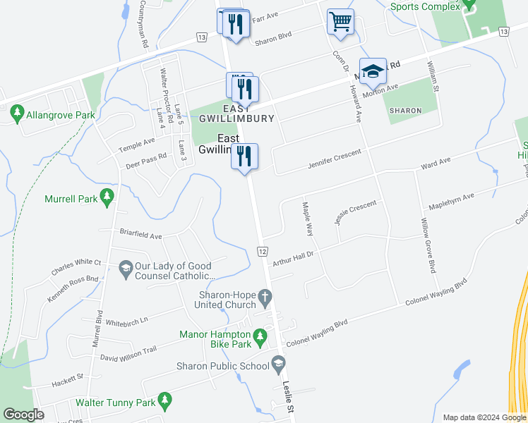 map of restaurants, bars, coffee shops, grocery stores, and more near 18833 Leslie Street in East Gwillimbury