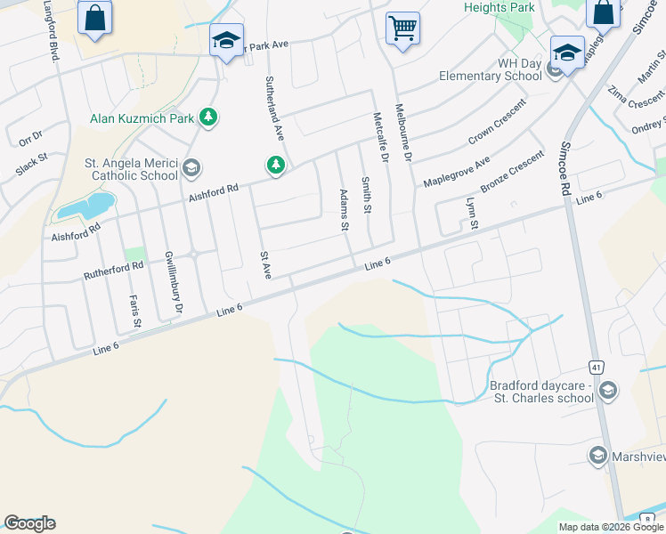 map of restaurants, bars, coffee shops, grocery stores, and more near 11 Saint Avenue in Bradford West Gwillimbury