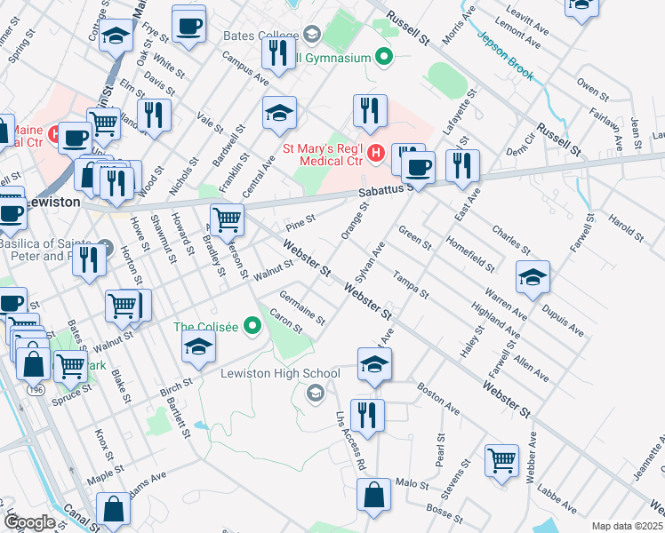 map of restaurants, bars, coffee shops, grocery stores, and more near 8 Orange Street in Lewiston