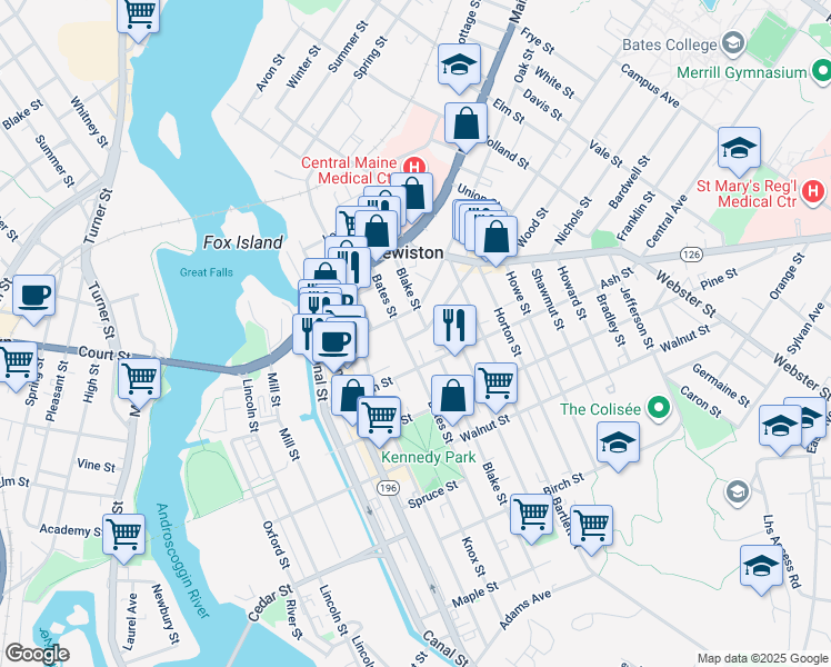 map of restaurants, bars, coffee shops, grocery stores, and more near 2 College Street in Lewiston