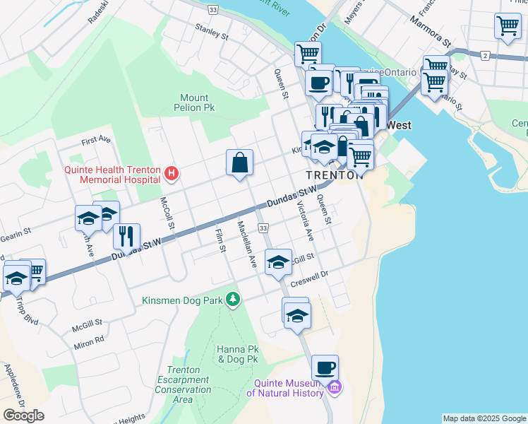 map of restaurants, bars, coffee shops, grocery stores, and more near in Quinte West
