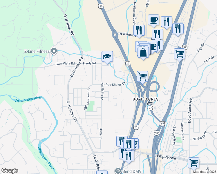 map of restaurants, bars, coffee shops, grocery stores, and more near 20323 Poe Sholes Drive in Bend
