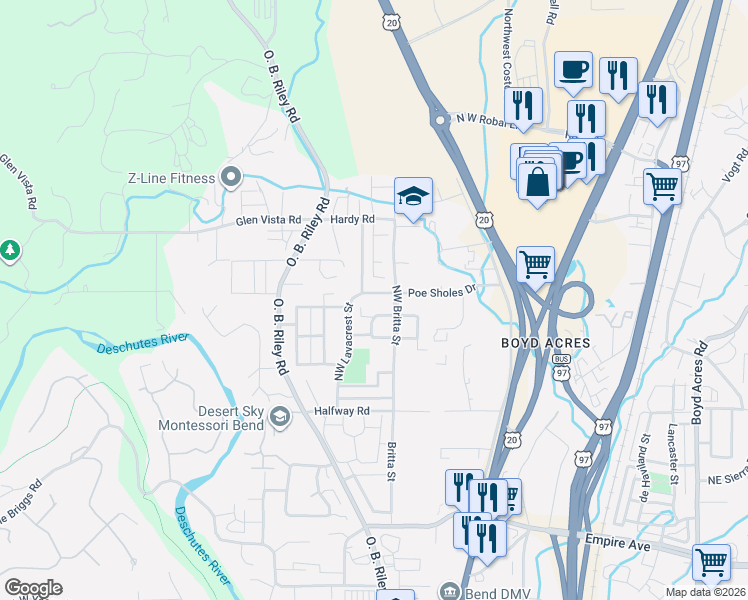 map of restaurants, bars, coffee shops, grocery stores, and more near 20287 Poe Sholes Drive in Bend