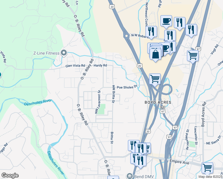 map of restaurants, bars, coffee shops, grocery stores, and more near 20290 Poe Sholes Drive in Bend