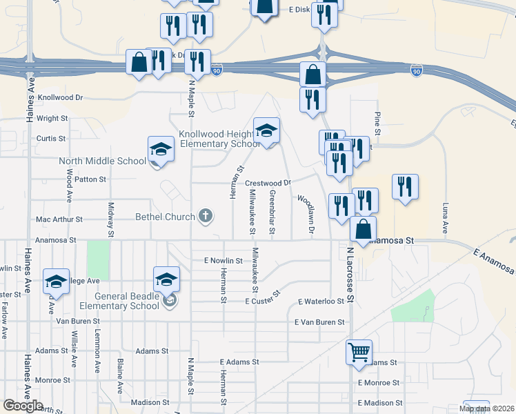map of restaurants, bars, coffee shops, grocery stores, and more near 1322 Milwaukee Street in Rapid City