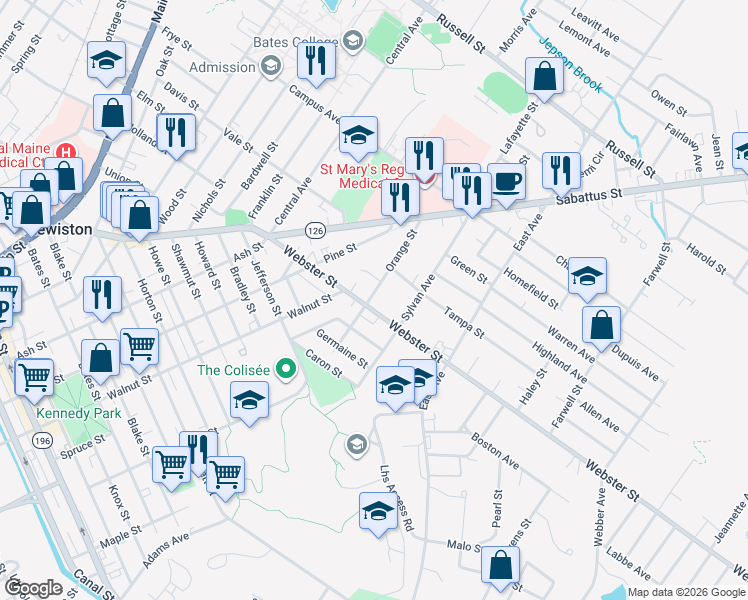 map of restaurants, bars, coffee shops, grocery stores, and more near 8 Orange Street in Lewiston