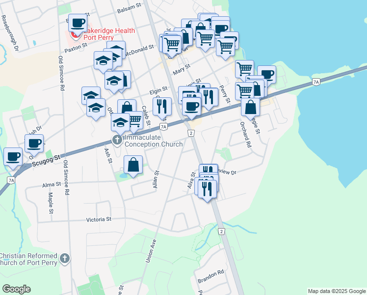 map of restaurants, bars, coffee shops, grocery stores, and more near in Port Perry