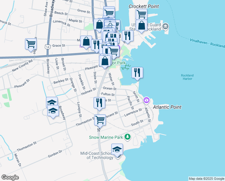 map of restaurants, bars, coffee shops, grocery stores, and more near 33 Ocean Street in Rockland