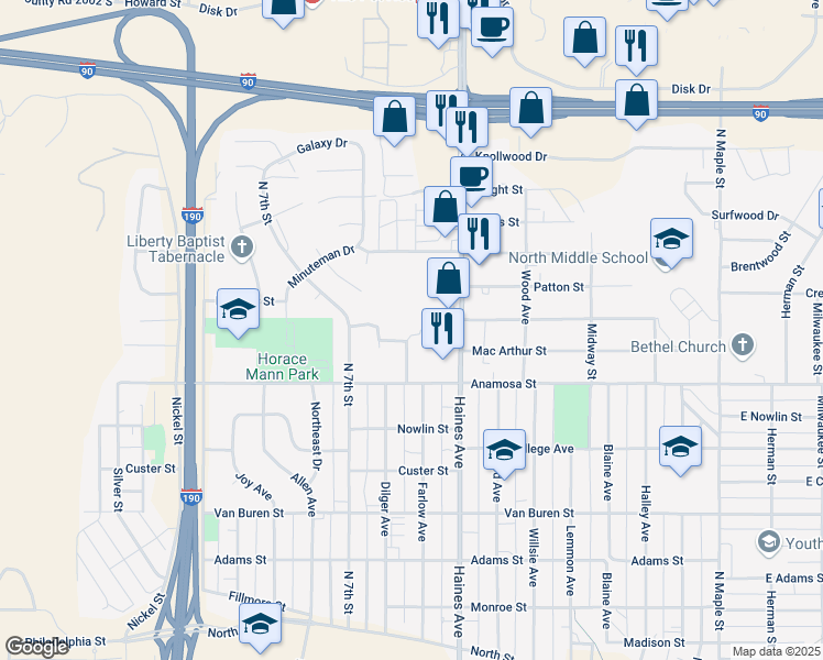 map of restaurants, bars, coffee shops, grocery stores, and more near 1314 Atlas Street in Rapid City