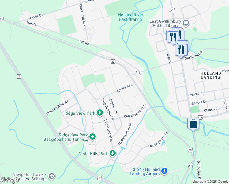 map of restaurants, bars, coffee shops, grocery stores, and more near Spruce Avenue in East Gwillimbury