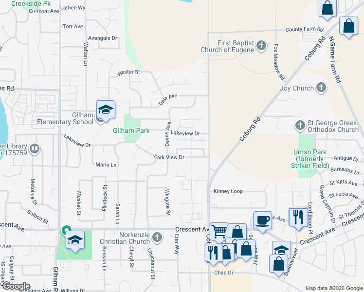 map of restaurants, bars, coffee shops, grocery stores, and more near 2467 Mountain Terrace in Eugene