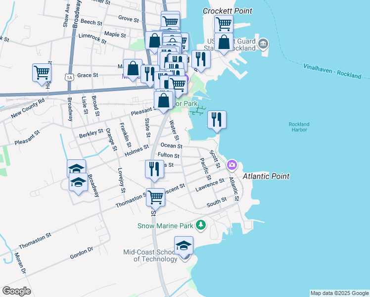 map of restaurants, bars, coffee shops, grocery stores, and more near 33 Ocean Street in Rockland